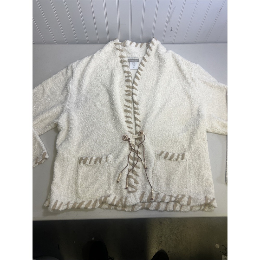 Coldwater Creek Cotton Knit Cardigan 3/4 Sleeve Cream Ivory
